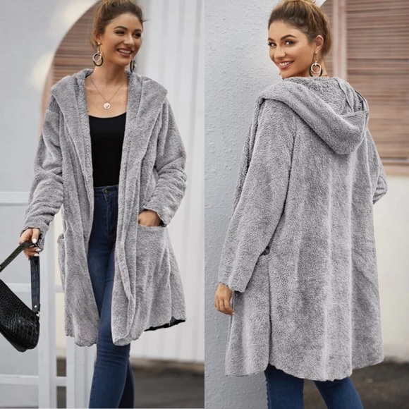 Jackets & Blazers - Gray Hooded long teddy coat jacket faux fur soft